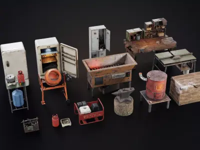Set of workbenches and tools Low-poly 3D model