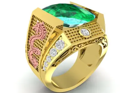 Luxury Dragon Signet Ring with Large Gemstone CAD 3412 3D print model