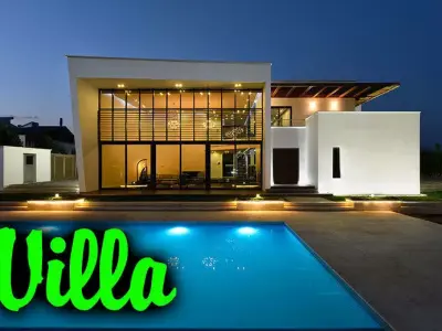 villa 3d modern with swimming pool at night 3D model