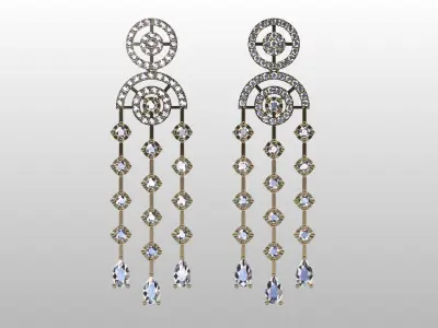 long stud earrings with round and pear gemstones 3D print model