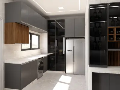 Contemporary Kitchen with corner bar 3D Model scene Low-poly 3D model
