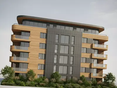 Modern Residential Building with Wood and Dark Panel Facade Low-poly 3D model