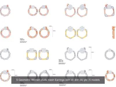 5 Geometric Women studs mesh Earrings 3dm stl 3mf obj glb 3D Model Pack