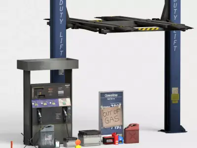 Low Poly Car Workshop Pack  Heavy Duty Car Lift  Gas Pump  Low-poly 3D model