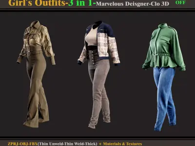 3 in 1 Girls Outfits- MD-Clo3d -OBJ - FBX -Materials-Textures  3D model
