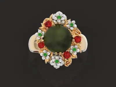  RING with flowers and stones cabochon ring 3D print model