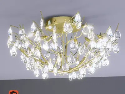 Yellow Bronze Twig and Crystal Leaf Chandelier 3D model