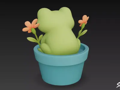 Frog in Flower Pot Low-poly 3D model