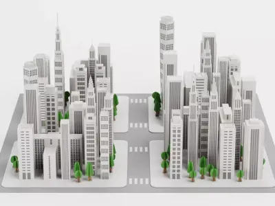 Paper City Block with Streets Low-poly 3D model