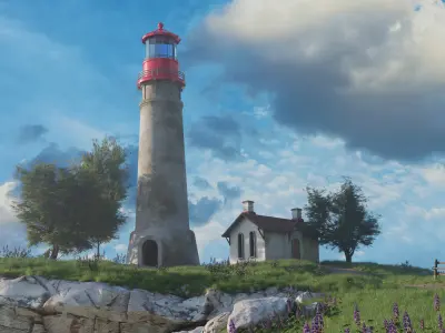 High-Quality Nature Scene with Lighthouse on Cliff   Free 3D model