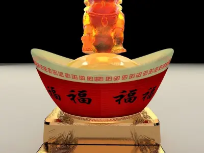 Chinese gold ingot with lion statue 3D model