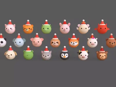 Cute Christmas Animal Head Pack 01 Low-poly 3D model