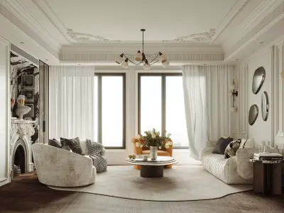 Luxurious living and dining room interior 3D model