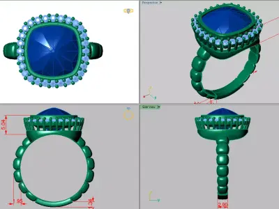 Cushion shaped Ring with Halo and unique Band 3D print model