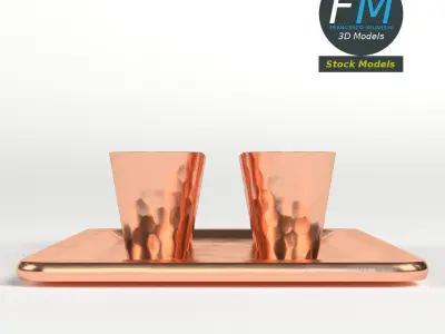 Copper shot glasses on a tray 3D model