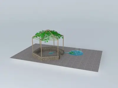 Arbor wooden gazebo with fountain in middle Free 3D model