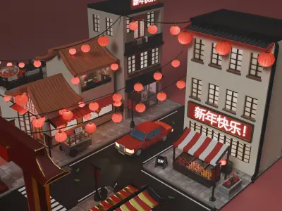 FREE Cute Chinese New Year Street Scene Free 3D model
