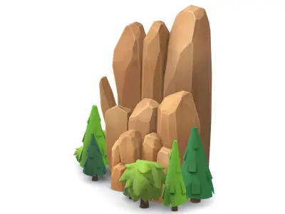 Cartoon Stone Cllff and Green Trees Low-poly 3D model