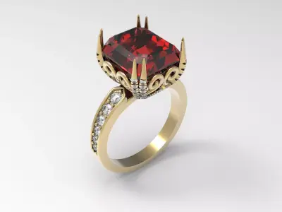 Ring with emerald gem and ornament 3D print model