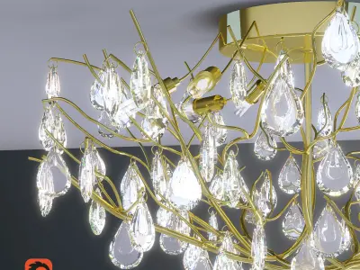 Yellow Bronze Twig and Crystal Leaf Chandelier 3D model