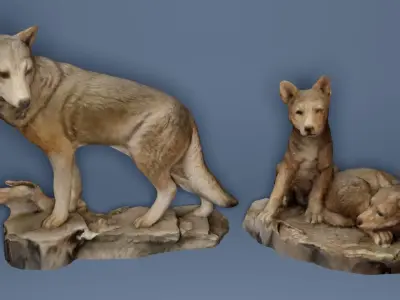 Big Wolf and Wolf Puppy figure collection Low-poly 3D model
