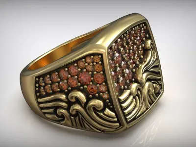 Ocean Waves Black Diamond Signet Biker Ring 3D print model