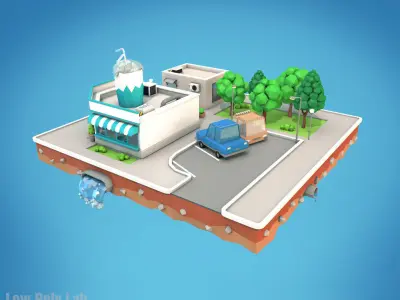 Cartoon City Block Cocktail Cafe Building Low-poly 3D model