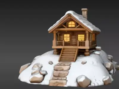 Winter Cabin on Snow Hill 3D Scene Model Cozy Christmas  Low-poly 3D model