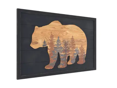 Rustic Grizzly Bear and Forest Deer Wood  Wall Decor 3D model