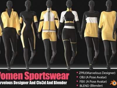 8 Women Sportswear Outfits In Clo3D And Blender Low-poly 3D model