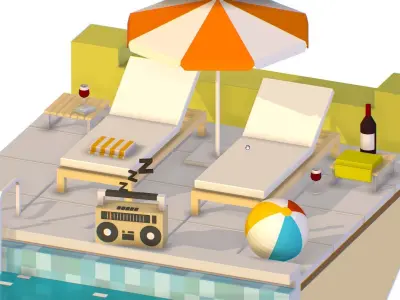 isometric Relax pool on the sun loungers Low-poly 3D model
