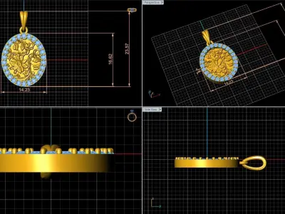 Exquisite Floral Oval Pendant with Diamond Accents 3D print model