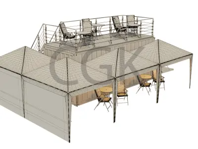 Mobile-shipping-container-restaurant tent with tables and chairs 3D model