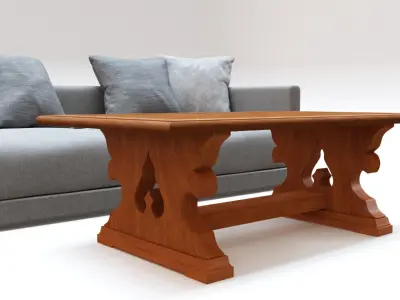 Gray Fabric Couch and Wooden Coffee Table 3D model