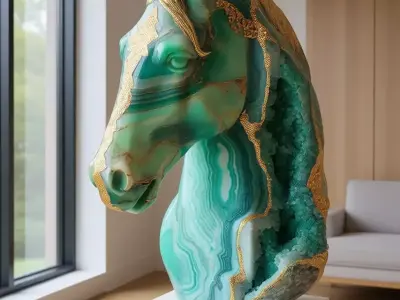 Green Agate Horse Sculpture Crystal Equine Gold Veins 3D Model Low-poly 3D model