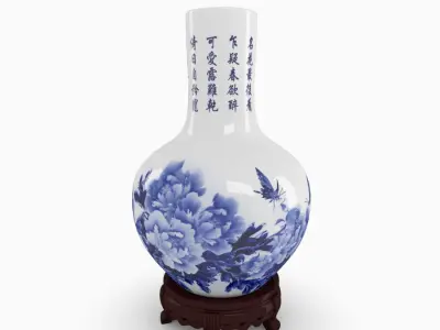 Chinese Blue and White Porcelain Vase with wood stand - Peony Low-poly 3D model
