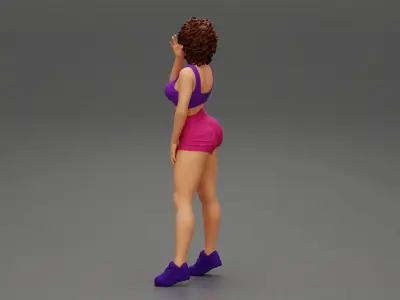 Beautiful Girl With Curly Hair Wearing Mini Short and sneakers 3D print model