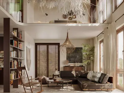 Wabi-sabi style living room dining room and bedroom 3D model