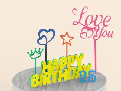 3D Cake Toppers Set - 15 pcs Bundle Happy Birthday Cake Toppers 3D print model