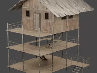 FANTASY MEDIEVAL WOODEN VILLAGE WATCHTOWER HUT low-poly 3D model Free low-poly 3D model