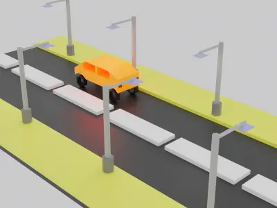 Toy car in road with street lights Low-poly 3D model