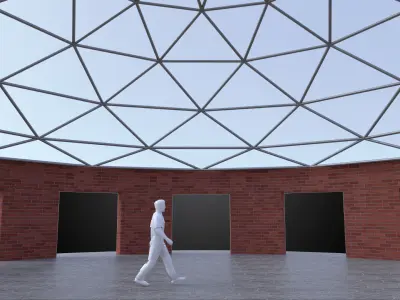 Dome with glass panels triangulated wire-frame steel structure 3D model