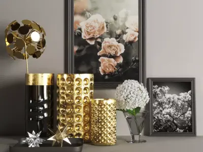 set1137 gold vases and flowers on table 3D model
