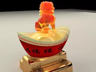 Chinese gold ingot with lion statue 3D model