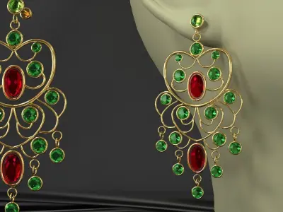 earrings emerald and chandelier 3D model