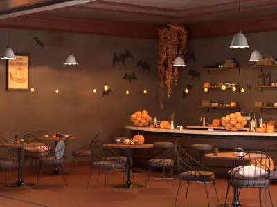 Halloween Cafe Interior Complete Scene with Furniture and Props 3D model