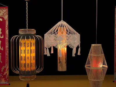 Chinese  red lantern with couplet 3D model