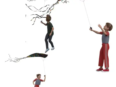 Children Flying Kite Low-poly 3D model