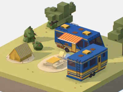 blue tourist van on halt in meadow Low-poly 3D model