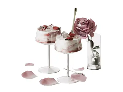 Romantic Strawberry Dessert and Rose Flower Set 3D model